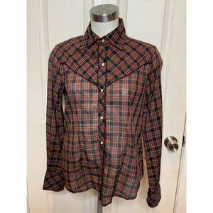 Nili Lotan Red Tartan Plaid Collared Long Sleeve Shirt, Size Small